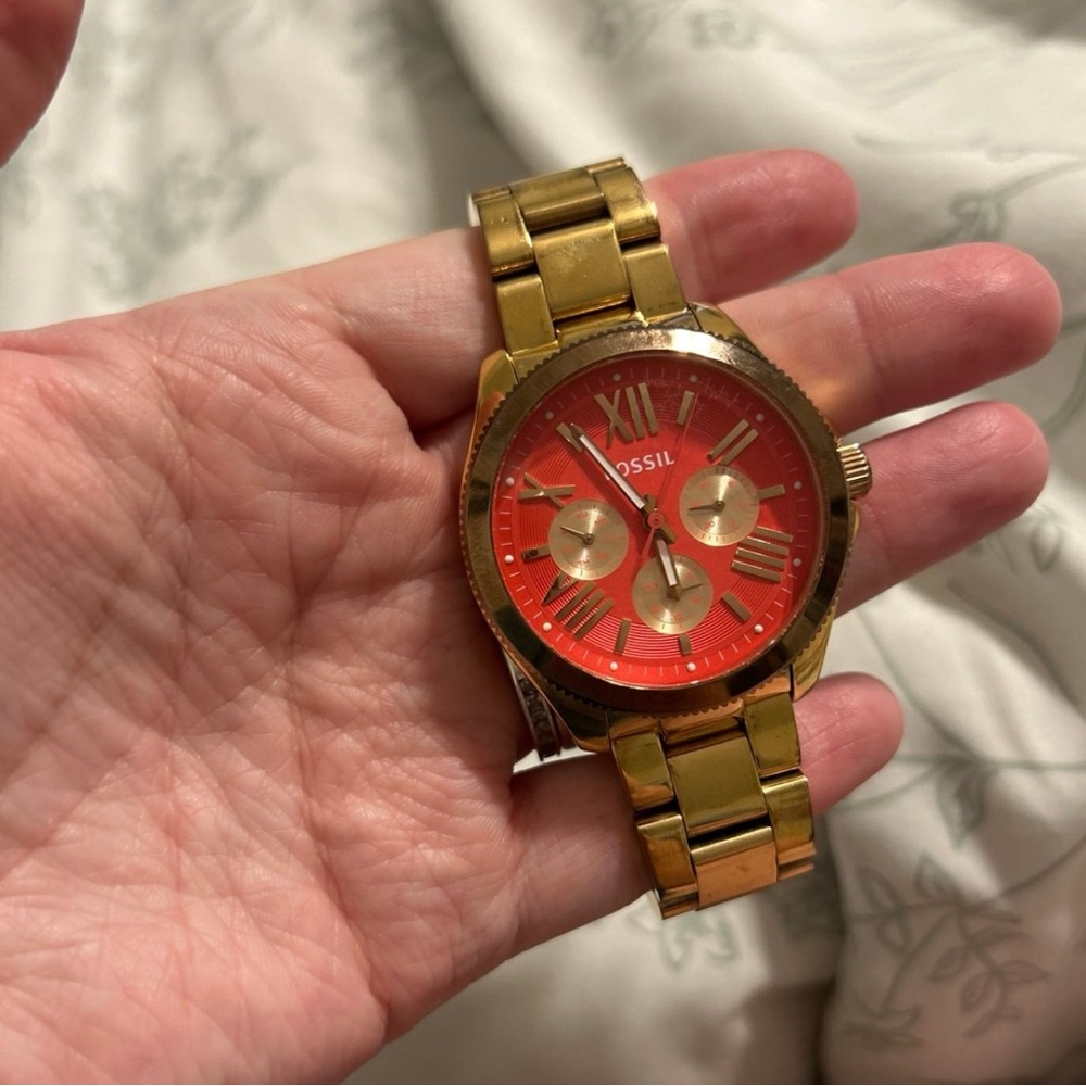 Fossil Gold Watch with Vibrant Coral Dial